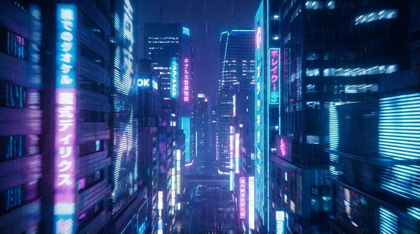 (9:16 縦型動画)近未来の東京の夜景。ネオンが輝く高層ビルの間をドローンカメラが高速で急降下していくダイナミックな映像。4K解像度、映画のような照明、サイバーパンクスタイル。