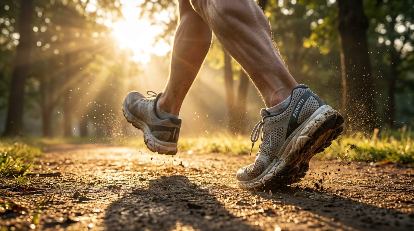 (アップロードしたスニーカーの画像を参考にする)このスニーカーを履いたランナーが、朝日の差し込む公園の小道を軽快に走っている。スローモーション、ローアングル撮影。靴の質感とロゴを維持する。