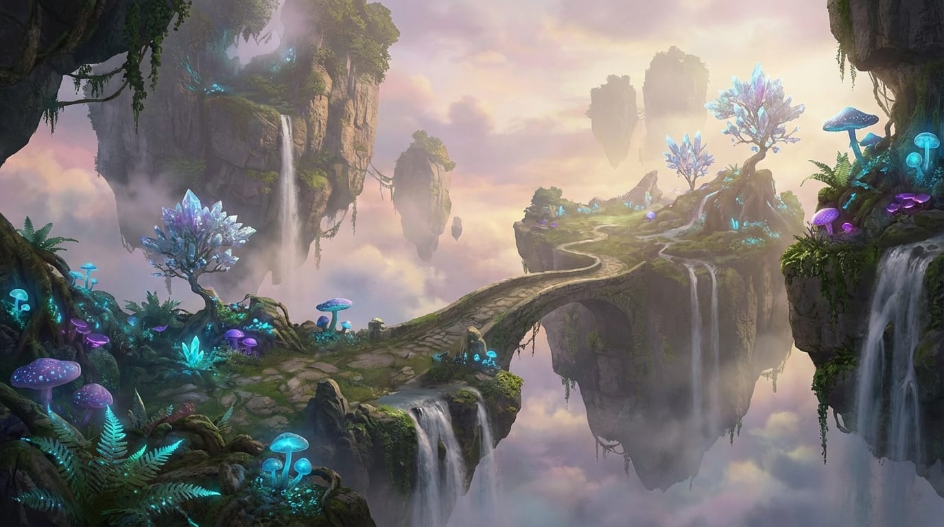 A fantasy landscape with floating islands in the sky, waterfalls cascading into clouds, glowing magical plants, ethereal lighting, dreamlike atmosphere, cinematic 8k