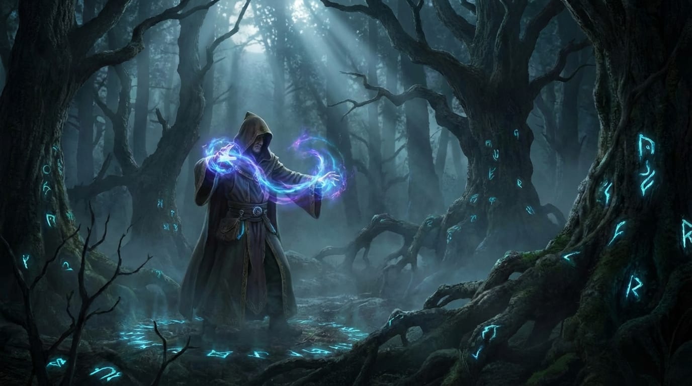 A mysterious wizard casting a spell, swirling colorful magic particles, dark enchanted forest background, glowing runes, cinematic lighting, slow motion
