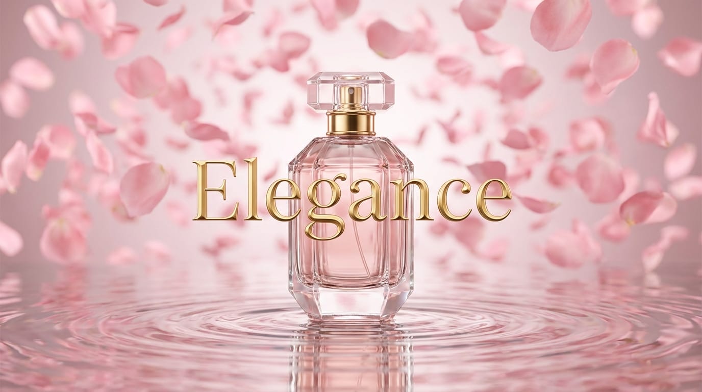 高級な香水の広告写真。エレガントなガラス瓶が水面に置かれている。背景は淡いピンク色の花びらが舞っている。画像の中央に金色のセリフ体で「Elegance」という文字がはっきりと書かれている。スタジオライティング、広告写真、8k。