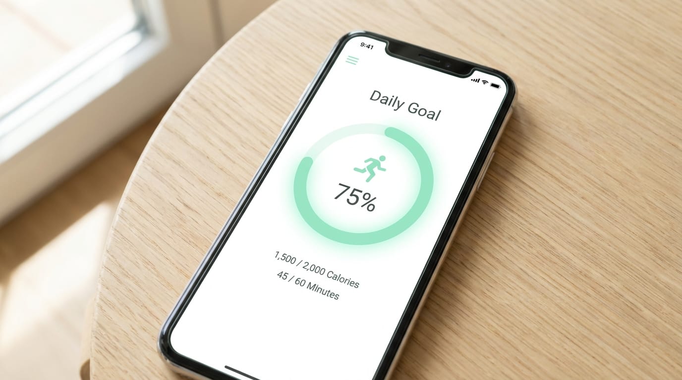 UI screen of a minimalist fitness app displayed on a smartphone. The screen shows the text 'Daily Goal' and a ring-shaped progress graph. Color scheme is white and mint green. Clean and modern design.