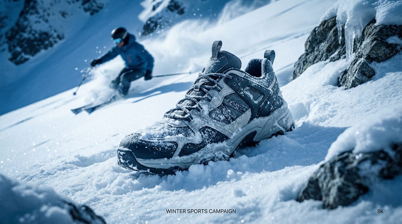 このスニーカーを雪山の中に配置してください。周囲には雪が積もっており、ダイナミックなスキーヤーが背景にぼやけて見える。冬のスポーツキャンペーン、寒色系の照明、リアルな質感。