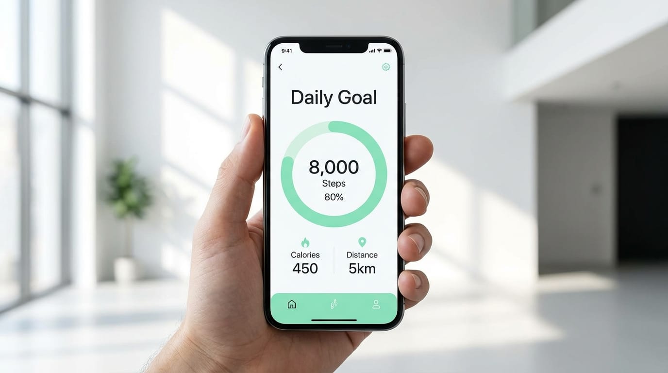 ミニマルなデザインのフィットネスアプリのUI画面。スマートフォンに表示されている。画面には「Daily Goal」という文字と、リング状の進捗グラフが表示されている。配色は白とミントグリーン。クリーンでモダンなデザイン。