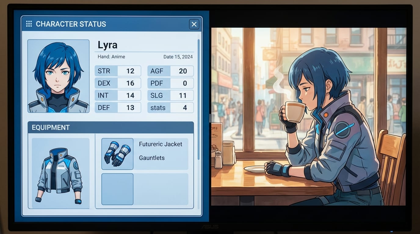 A split screen showing a static character sheet on the left and a generated anime frame of the same character drinking coffee on the right