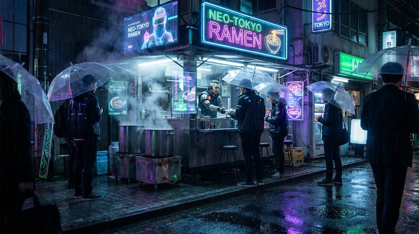 A cinematic vertical video shot of a cyberpunk street food vendor in Tokyo, neon lights reflecting in rain puddles, steam rising from the food, 4k resolution, high detail