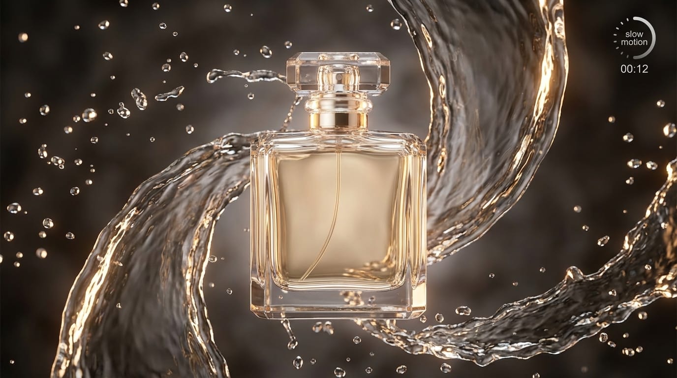 （製品画像をアップロード）この香水瓶の周りに、優雅に水が渦巻くスローモーション映像。水滴がキラキラと光り、高級感のある雰囲気を演出する。カメラはゆっくりと製品にズームインする。背景音として、水が流れる音と静かなピアノのBGM。