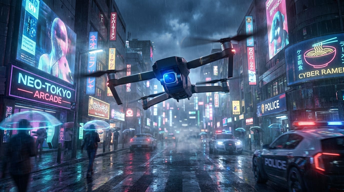 近未来の東京の街並みをドローンが高速で飛行する映像。ネオンサインが輝き、雨に濡れた路面が光を反射している。アスペクト比9:16、4K解像度、映画のような照明、サイバーパンクスタイル。背景には都市の喧騒とサイレンの音が聞こえる。