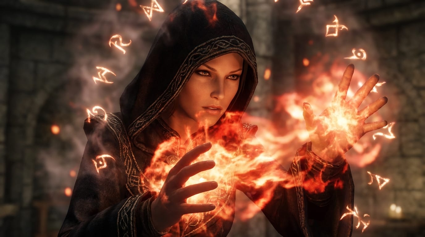 Close up shot of a female mage casting a fire spell, intense lighting from the fire, magical runes floating in the air, cinematic depth of field, sound of burning fire