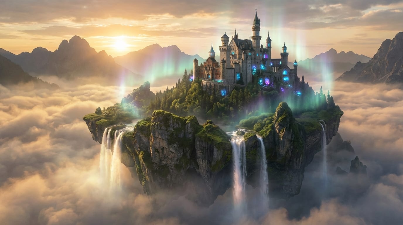 Cinematic wide shot of a floating fantasy island with waterfalls cascading into clouds, medieval castle on top, magical glowing atmosphere, 4k, hyper-realistic
