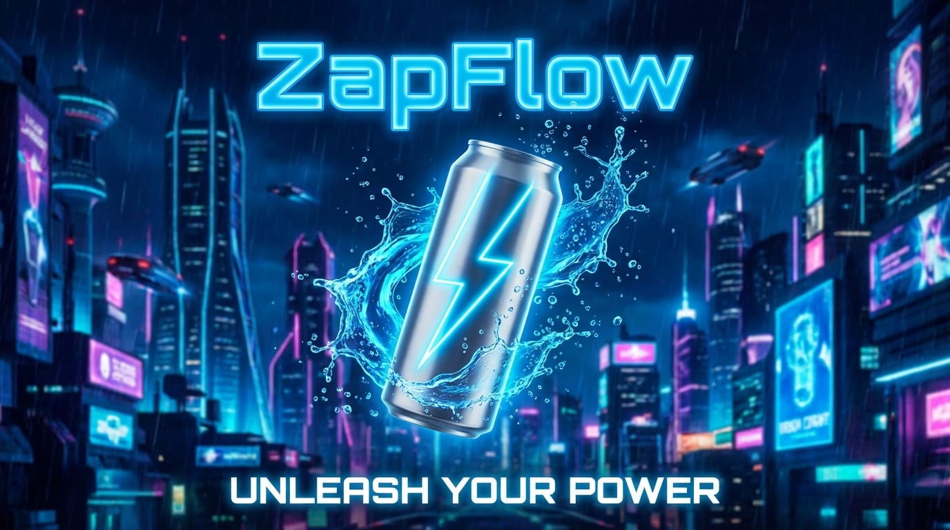 A vibrant and energetic Instagram advertisement for a new energy drink named "ZapFlow". A sleek silver can with neon blue lightning bolts is floating in the center. Splash of liquid around the can. Bold, futuristic text "ZapFlow" at the top. Subtitle text "Unleash Your Power" at the bottom. Cyberpunk city background, neon lights, high contrast, 8k resolution.
