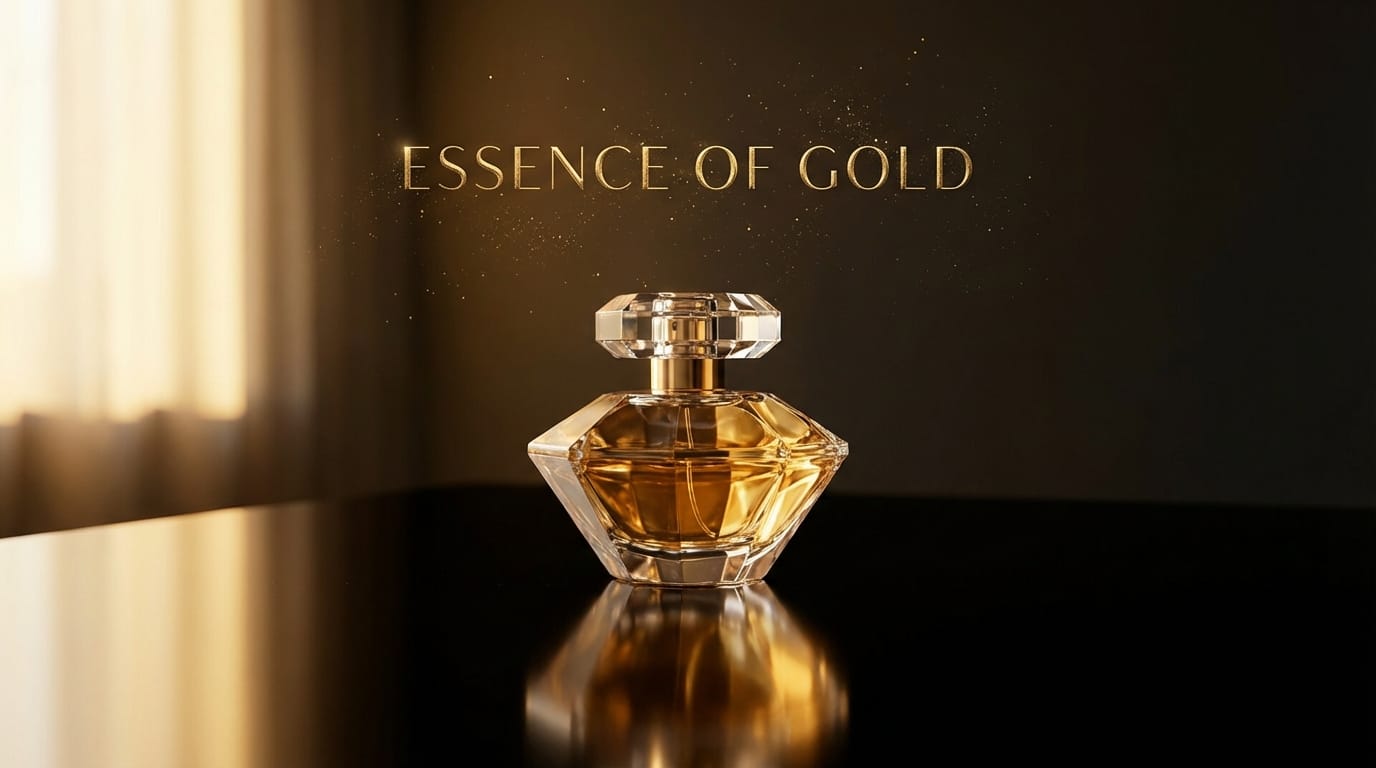Transform this sketch into a high-end luxury perfume poster. A crystal bottle on a reflective black surface. Soft golden lighting. Elegant atmosphere. Text "Essence of Gold" floating in the air with particle effects. Minimalist design, award-winning photography style.