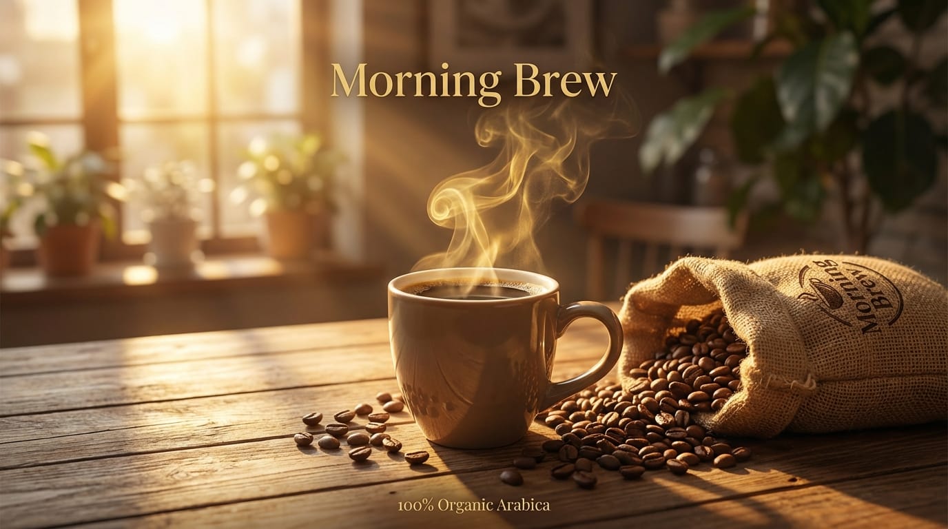 A professional commercial poster for a new organic coffee brand named 'Morning Brew'. The image features a steaming cup of coffee on a wooden table with morning sunlight. The text 'Morning Brew' is elegantly written in gold serif font at the top. At the bottom, small text reads '100% Organic Arabica'. High resolution, photorealistic, 4k.