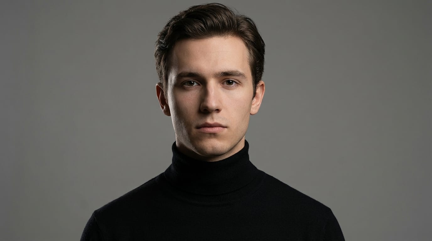 A studio portrait of a young man wearing a black turtleneck, neutral grey background, rim lighting, soft shadows on face, looking straight ahead, minimal movement, 8k resolution, professional photography style, silence