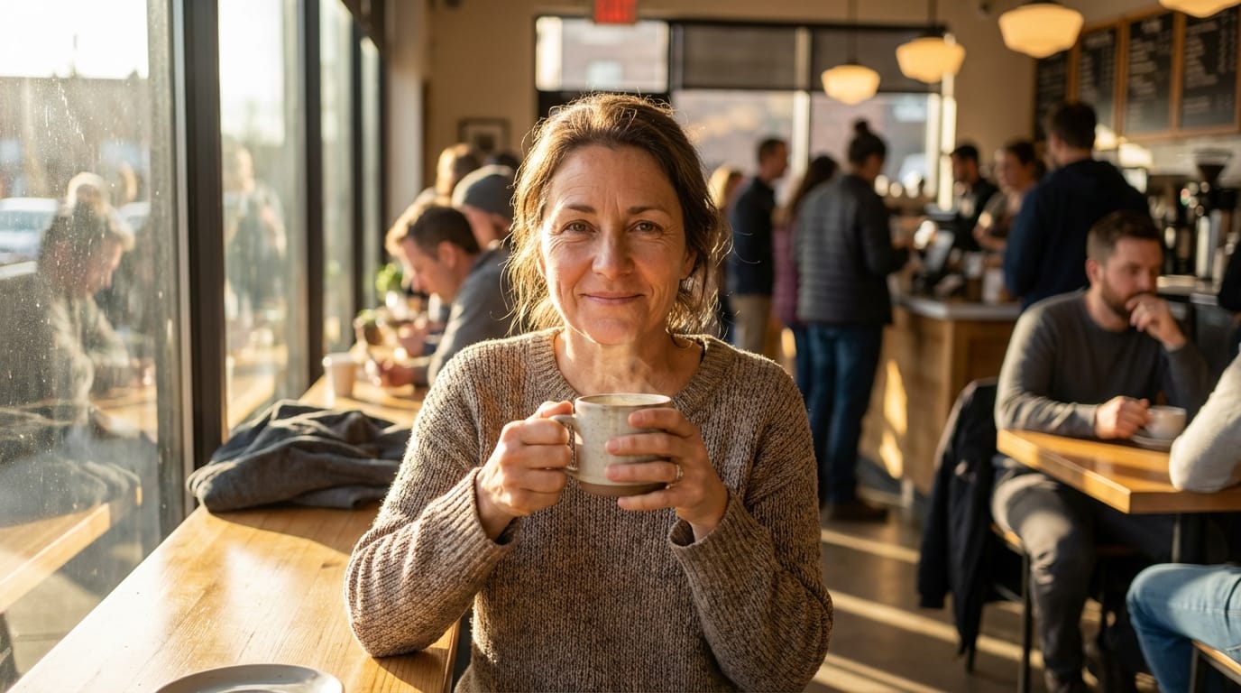 A photorealistic portrait of a woman sitting in a busy cafe, looking at the camera with a slight smile, holding a steaming cup of coffee, natural sunlight streaming through the window, people passing by in the blurred background, ambient sounds of cafe chatter and clinking cups