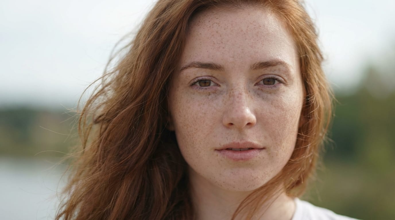 A hyper-realistic close-up portrait of a young woman with freckles, looking directly at the camera, soft wind blowing her hair, natural lighting, 1080p high definition video