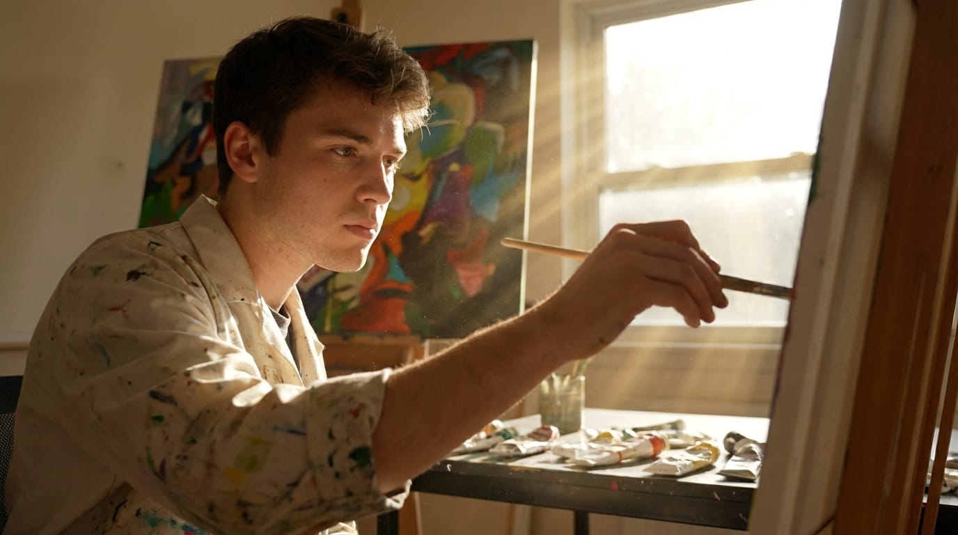A candid video portrait of a young artist painting in a sunlit studio, dust motes dancing in the light rays, focused expression, holding a paintbrush, colorful canvas in the background, realistic movements, warm and cozy atmosphere, sound of brush on canvas