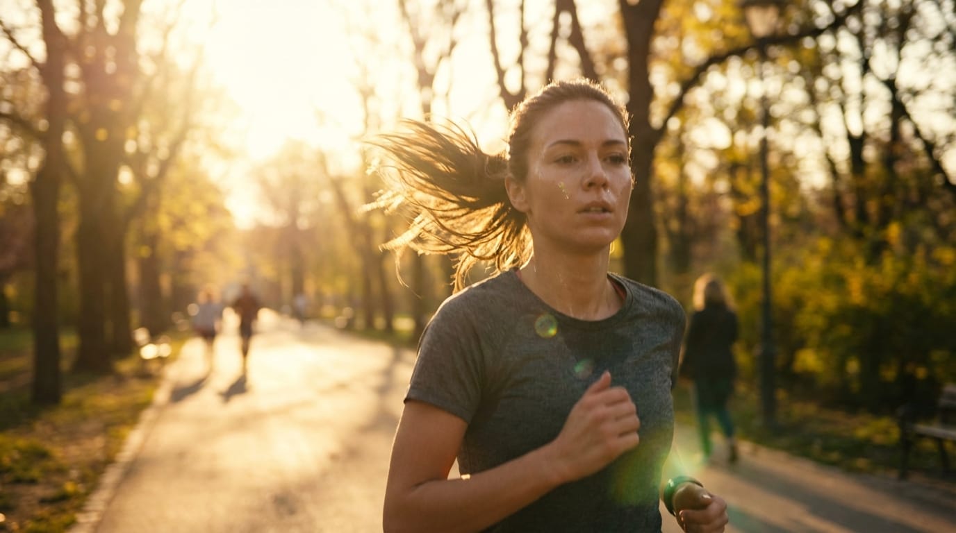 A dynamic portrait of a female runner jogging in a park during sunset, hair flowing back, sweat on skin, determined expression, warm golden hour lighting, lens flare, slow motion, sound of rhythmic breathing and footsteps