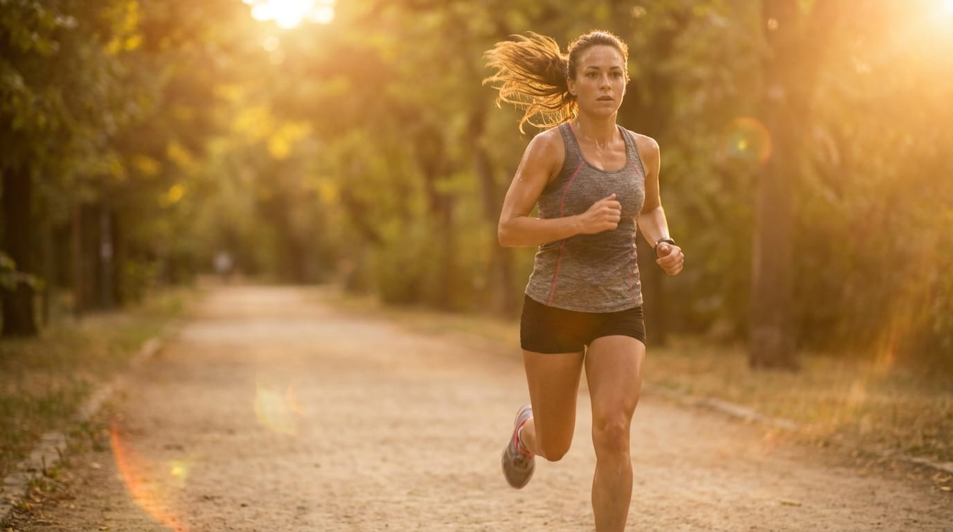 A dynamic portrait of a female runner jogging in a park during sunset, hair flowing back, sweat on skin, determined expression, warm golden hour lighting, lens flare, slow motion, sound of rhythmic breathing and footsteps