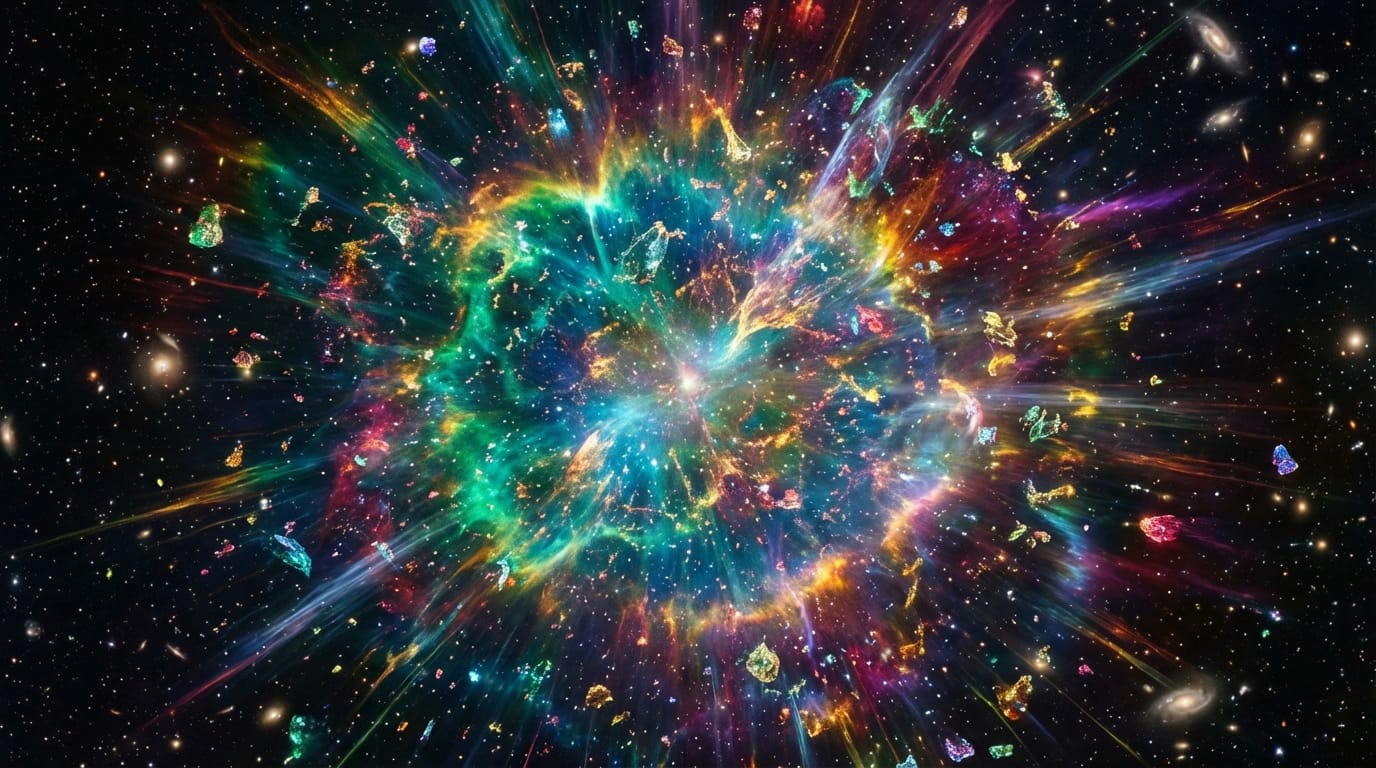 宇宙空間で爆発し、無数の色鮮やかな破片となって広がる巨大な星雲。映画のような壮大なスケール感、鮮明なディテール、深く輝く色彩、ゆっくりと、しかし力強く広がる動き。4K解像度、超現実的な美しさ。