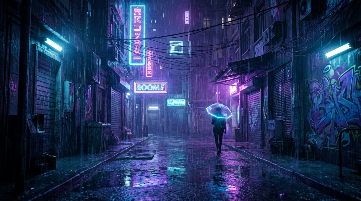 雨の降る夜の路地裏、ネオンサインの反射、ボリューメトリックライティング、サイバーパンクな雰囲気、青と紫のカラーグレーディング、濡れた地面の質感、孤独感、映画のような被写界深度。