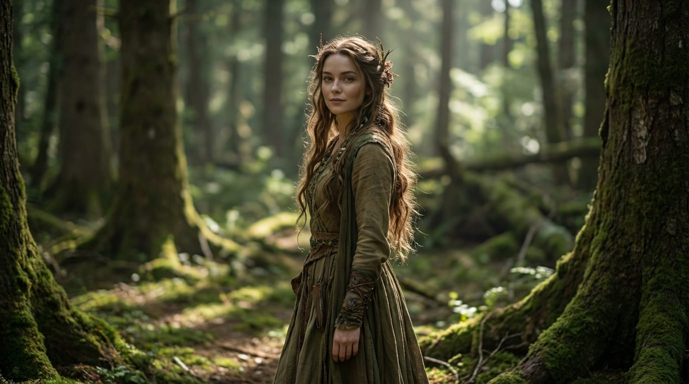 この画像のキャラクターがゆっくりと振り向き、カメラを見つめる。背景の森の木々が風に揺れ、木漏れ日が変化する。シネマティックな照明、穏やかで神秘的な雰囲気、スムーズな動き、高品質な実写スタイル。