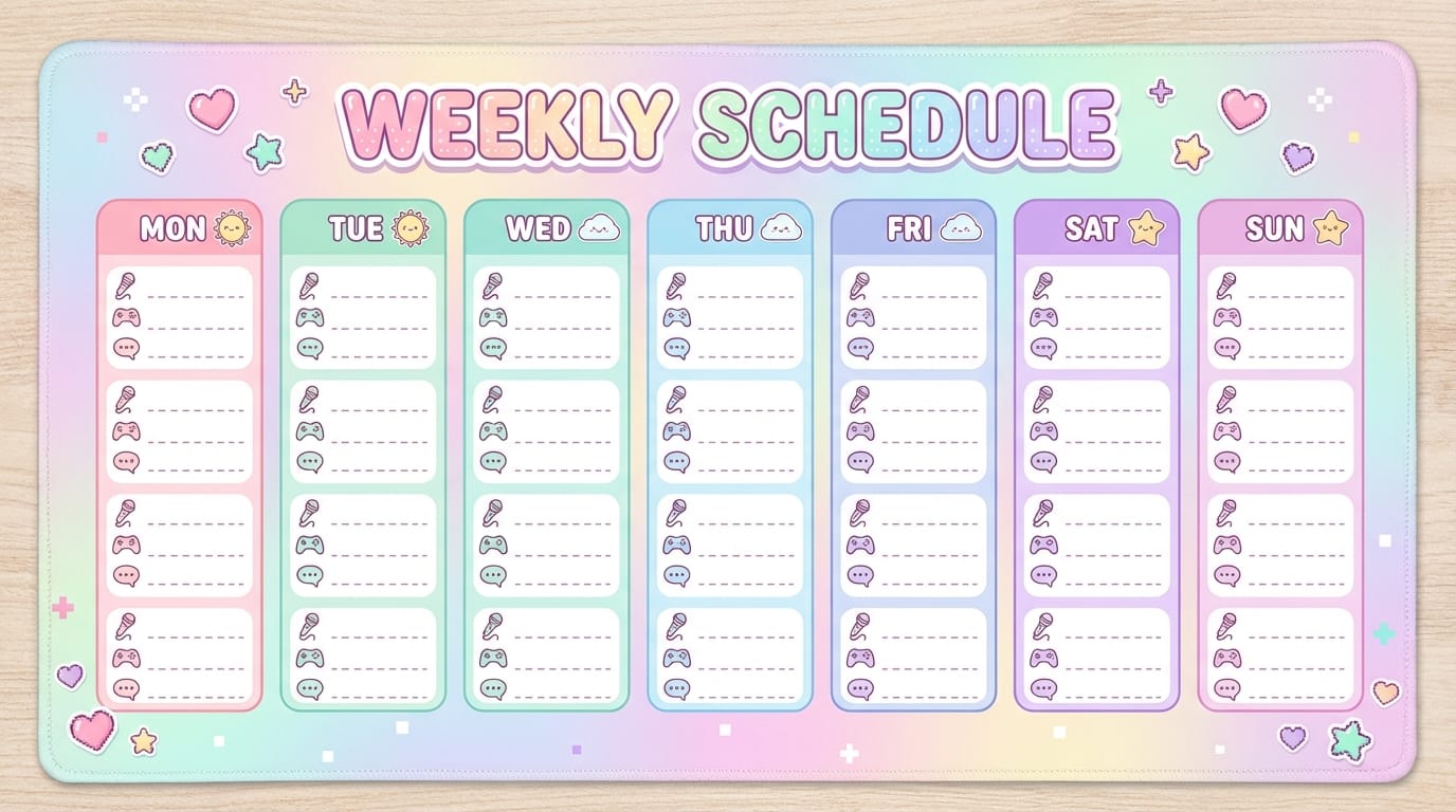 A detailed schedule table design for a streamer, pastel colors, cute icons, blank spaces for text, header text says 'WEEKLY SCHEDULE', high quality graphic design