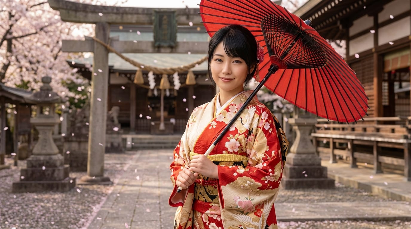 元の画像のキャラクターの特徴（髪の色、目の形）を維持してください。衣装を伝統的な日本の着物に変更し、背景を桜が舞う神社の境内にしてください。キャラクターは優しく微笑んでおり、手には和傘を持っています。