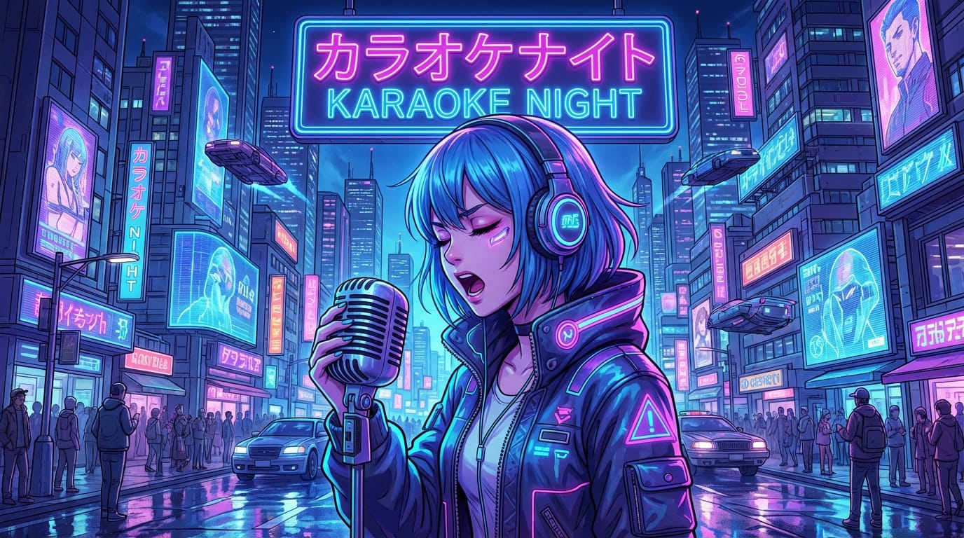 アニメ調のイラスト、サイバーパンクな都市の背景、ネオンライト。青い髪の少女がヘッドフォンをしてマイクに向かって歌っている。画像の上部にネオンサイン風の文字で「KARAOKE NIGHT」と書かれている。高画質、詳細な書き込み、鮮やかな色彩。