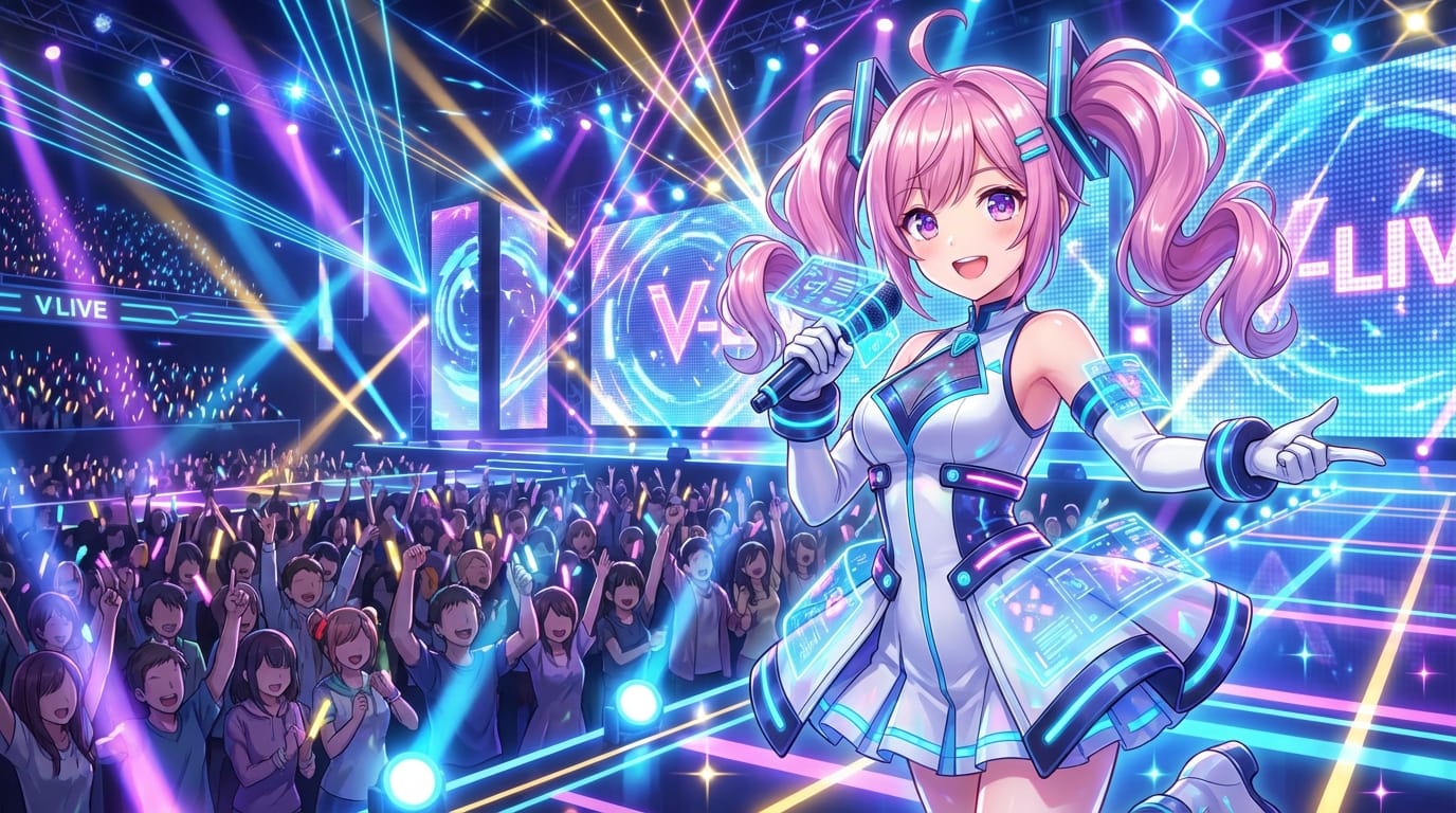 An anime style illustration of a virtual youtuber girl with pink twin tails, wearing a futuristic idol outfit, holding a microphone, vibrant concert stage background, cinematic lighting, high resolution