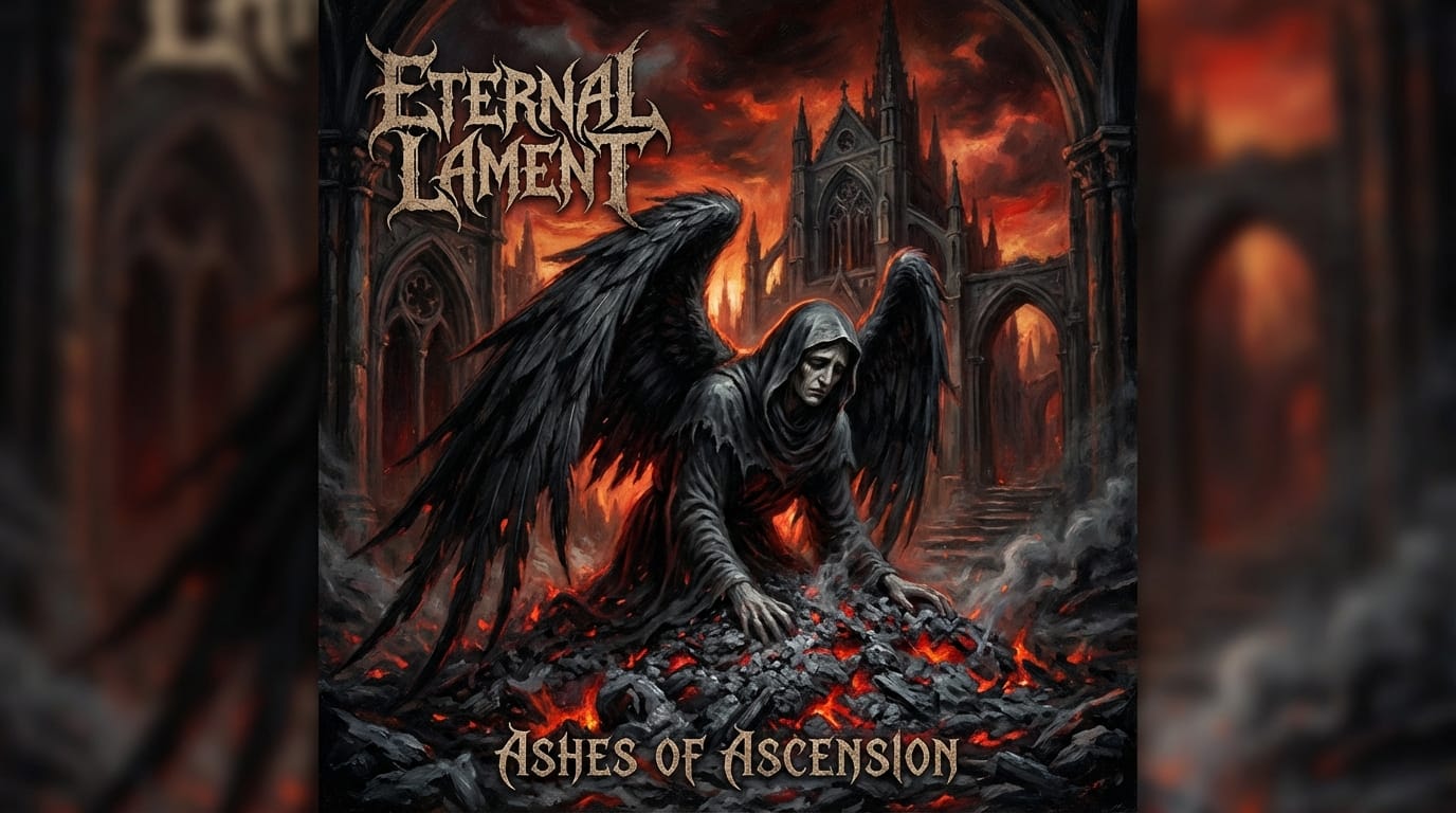 Heavy metal album cover art, dark fantasy style, a fallen angel with black wings rising from ashes, red and black color scheme, gothic architecture background, dramatic lighting, intense atmosphere, thick oil painting texture, detailed feathers, sorrowful expression, masterpiece