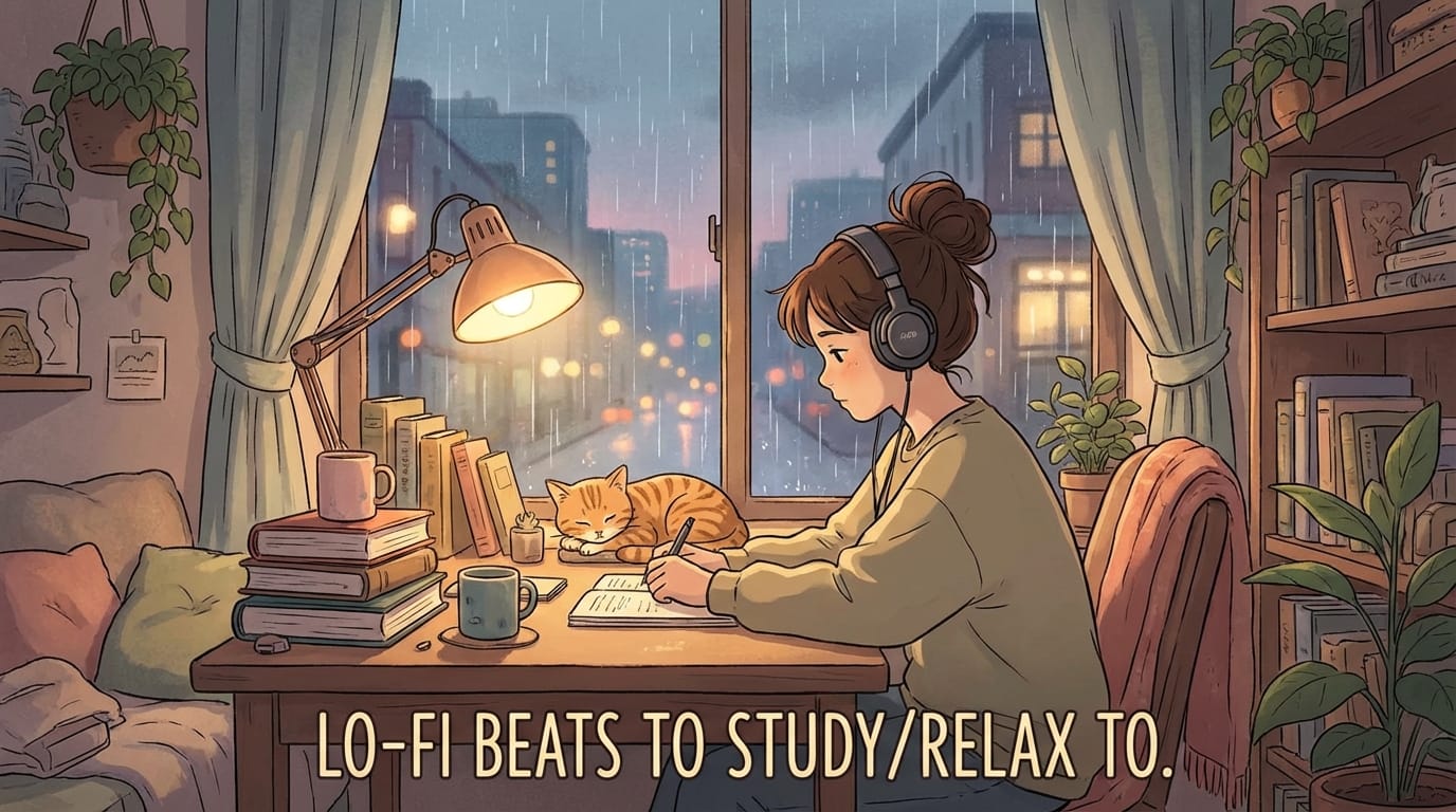 Lo-fi hip hop album cover, a cozy anime bedroom with a girl studying at a desk, rainy window background, warm lamp lighting, cluttered desk with books and coffee, sleeping cat, relaxed atmosphere, soft colors, detailed background art, studio ghibli inspired style