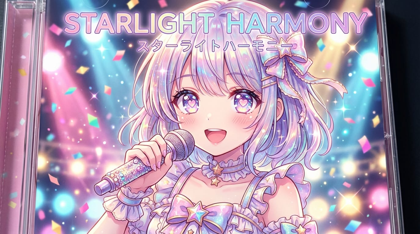 Idol anime song album jacket, close-up of a cute anime idol singing with a microphone, sparkling stage lights background, colorful confetti, happy expression, highly detailed eyes with heart shapes, vibrant pastel costume, shiny hair textures, magical girl aesthetic, high quality illustration