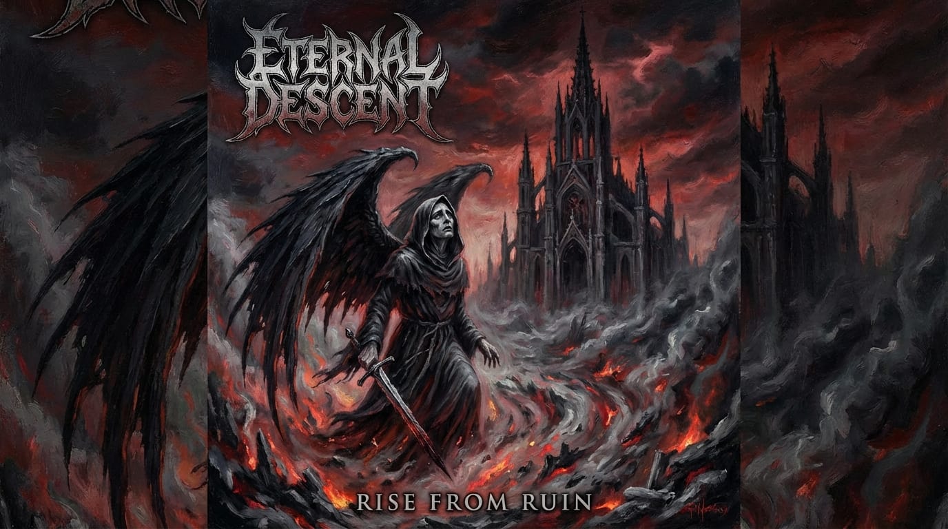 Heavy metal album cover art, dark fantasy style, a fallen angel with black wings rising from ashes, red and black color scheme, gothic architecture background, dramatic lighting, intense atmosphere, thick oil painting texture, detailed feathers, sorrowful expression, masterpiece