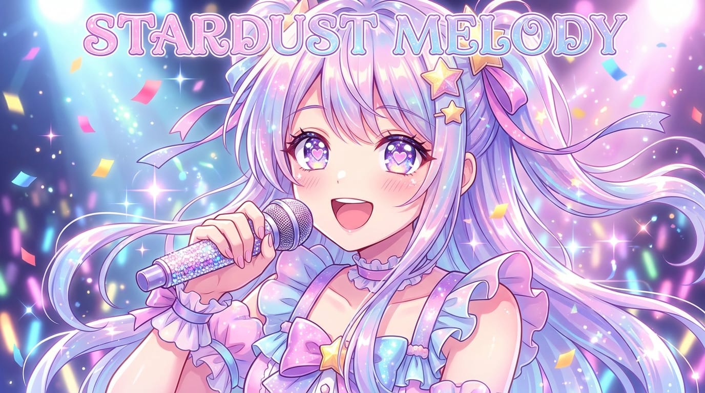 Idol anime song album jacket, close-up of a cute anime idol singing with a microphone, sparkling stage lights background, colorful confetti, happy expression, highly detailed eyes with heart shapes, vibrant pastel costume, shiny hair textures, magical girl aesthetic, high quality illustration