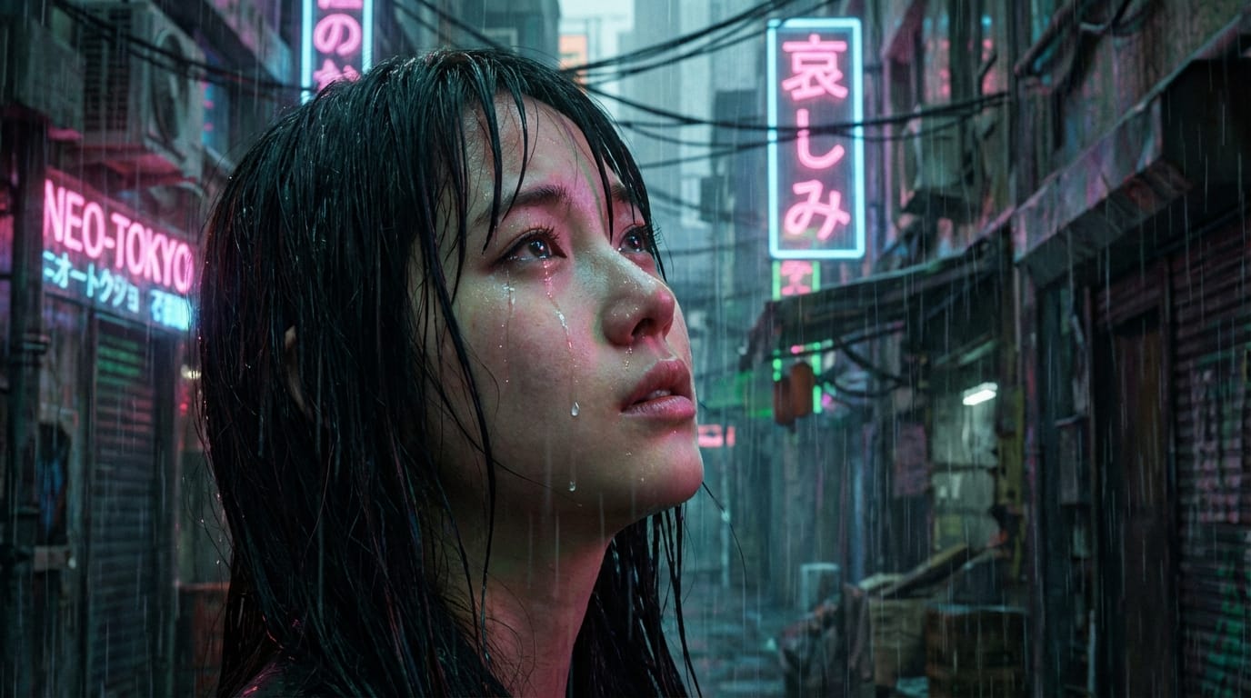 サイバーパンクな都市の路地裏、雨が降っている。若い日本人女性のクローズアップ。彼女は悲しげな表情で空を見上げている。ネオンサインの光が彼女の濡れた頬に反射している。彼女はゆっくりと瞬きをし、涙が一粒こぼれ落ちる。映画のような照明、高解像度、浅い被写界深度。