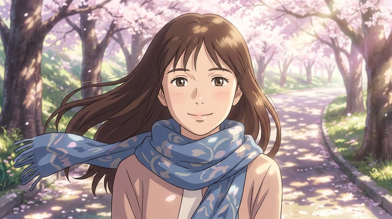 A young anime style woman smiling gently at the camera, wind blowing her hair and scarf, dappled sunlight in the background, high quality animation