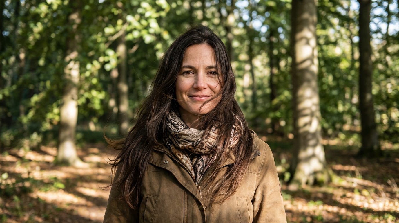 このキャラクターがカメラに向かって優しく微笑む。風が吹いており、彼女の長い髪とスカーフがなびいている。背景の木漏れ日が揺れ動く。自然な動き、4k品質。