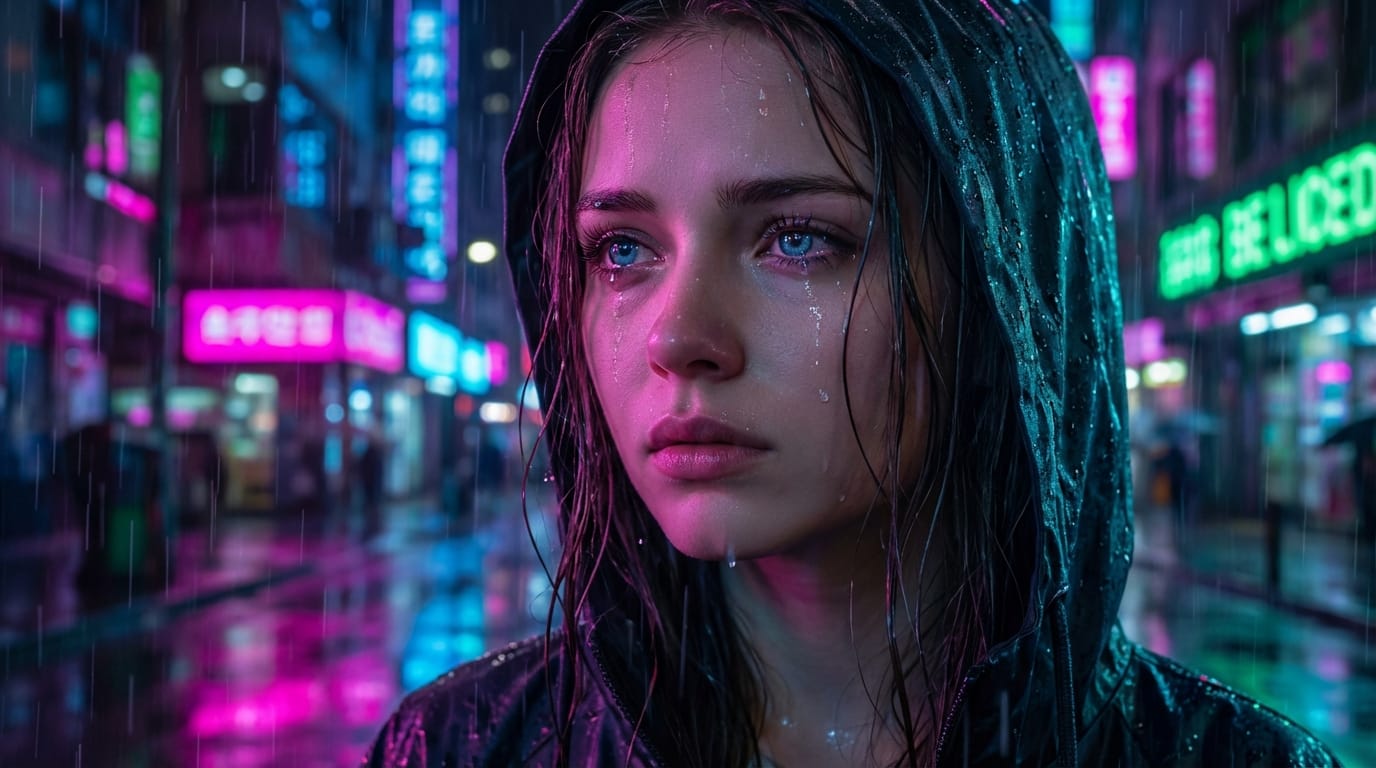 A cinematic close-up of a young woman with blue eyes, tears welling up, rain falling softly in a cyberpunk city neon light background, highly detailed, 8k resolution