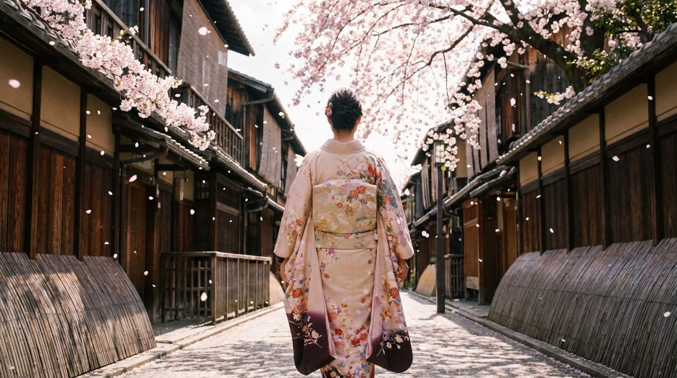 桜が満開の京都の古い町並みを、着物を着た女性が後ろ姿でゆっくりと歩いている、春の風、花びらが舞い散る、スローモーション、映画のような雰囲気