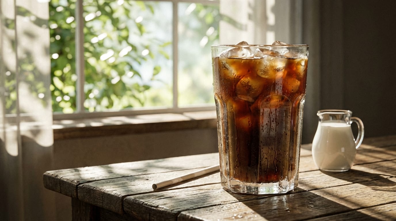 テーブルに置かれたアイスコーヒーの氷が少し溶けて、グラスの表面に水滴が流れる、背景には夏の木漏れ日、高解像度、リアルな質感