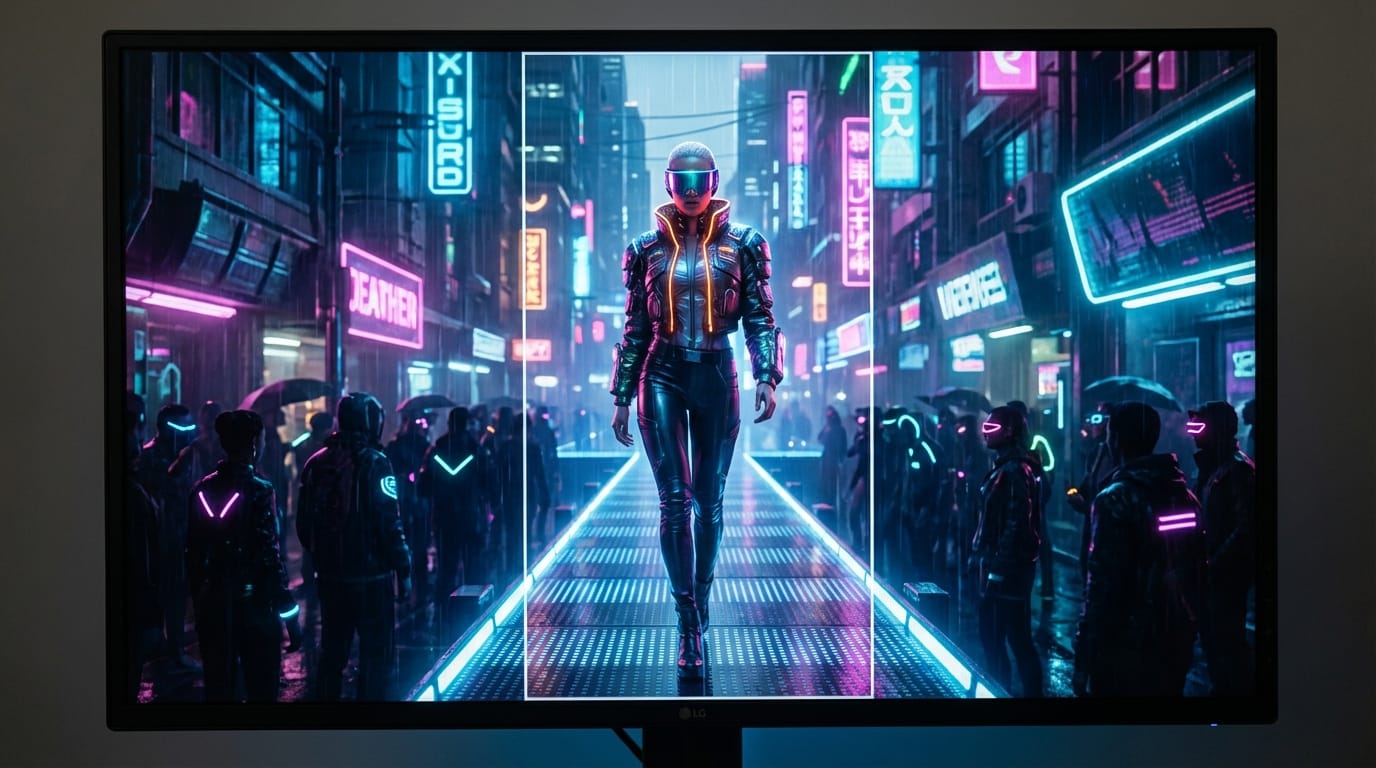 A futuristic fashion runway, neon lights, cyberpunk style, model walking confidently, vertical video