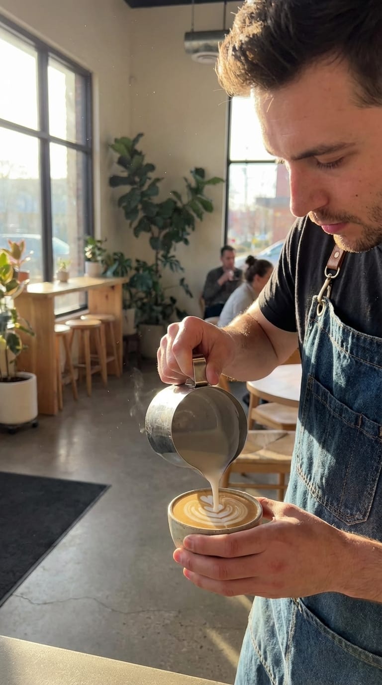 A trendy cafe setting, natural sunlight, cinematic lighting, vertical video format for social media, close up of pouring latte art