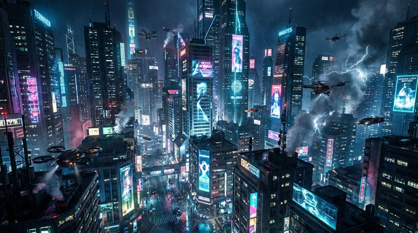 近未来的なサイバーパンク都市の夜景、ネオンサインが輝く高層ビル群、ドローンが空を飛び交う、映画のようなカメラワーク、4K、高精細。