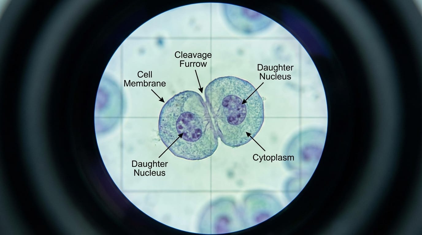 (参考画像として生物の細胞図をアップロード)細胞分裂のプロセス、顕微鏡越しの視点、細胞膜がゆっくりとくびれて二つに分かれる様子、科学的で教育的なスタイル、滑らかな動き。
