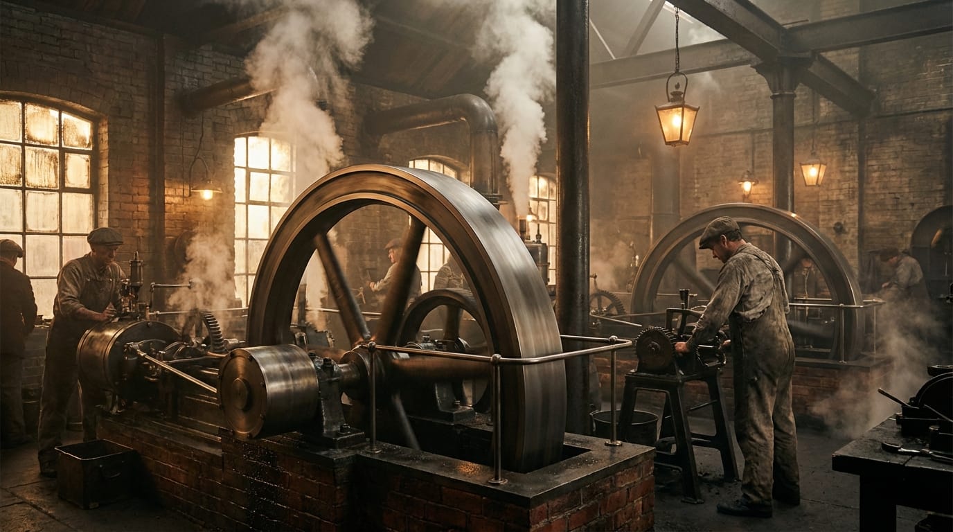 19th century industrial revolution London, inside a factory with steam engines running, gears turning and steam hissing, cinematic lighting, 4k resolution, realistic texture
