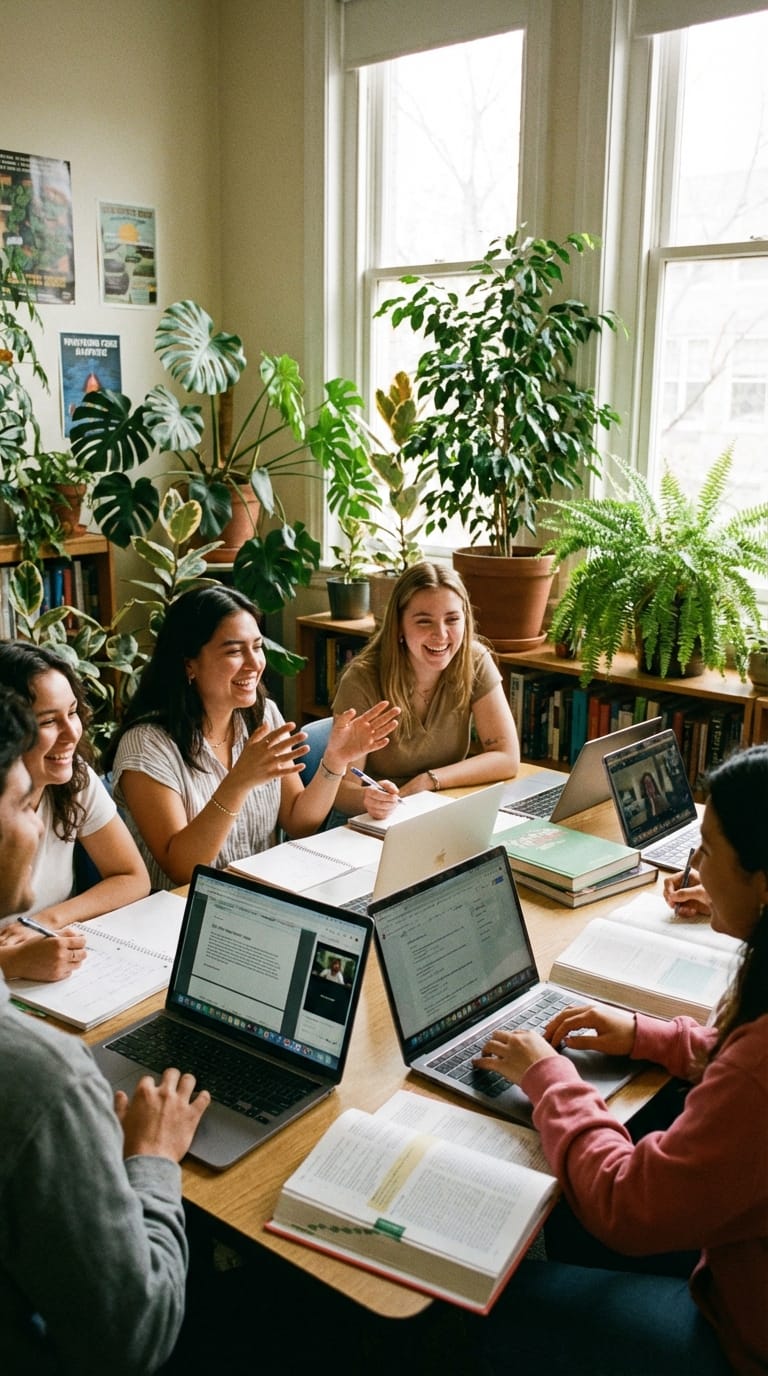 9:16比率、明るい教室で楽しそうに勉強する学生たち、ノートパソコンを開いてオンライン授業を受けている、自然光、ポジティブな雰囲気、背景に観葉植物。