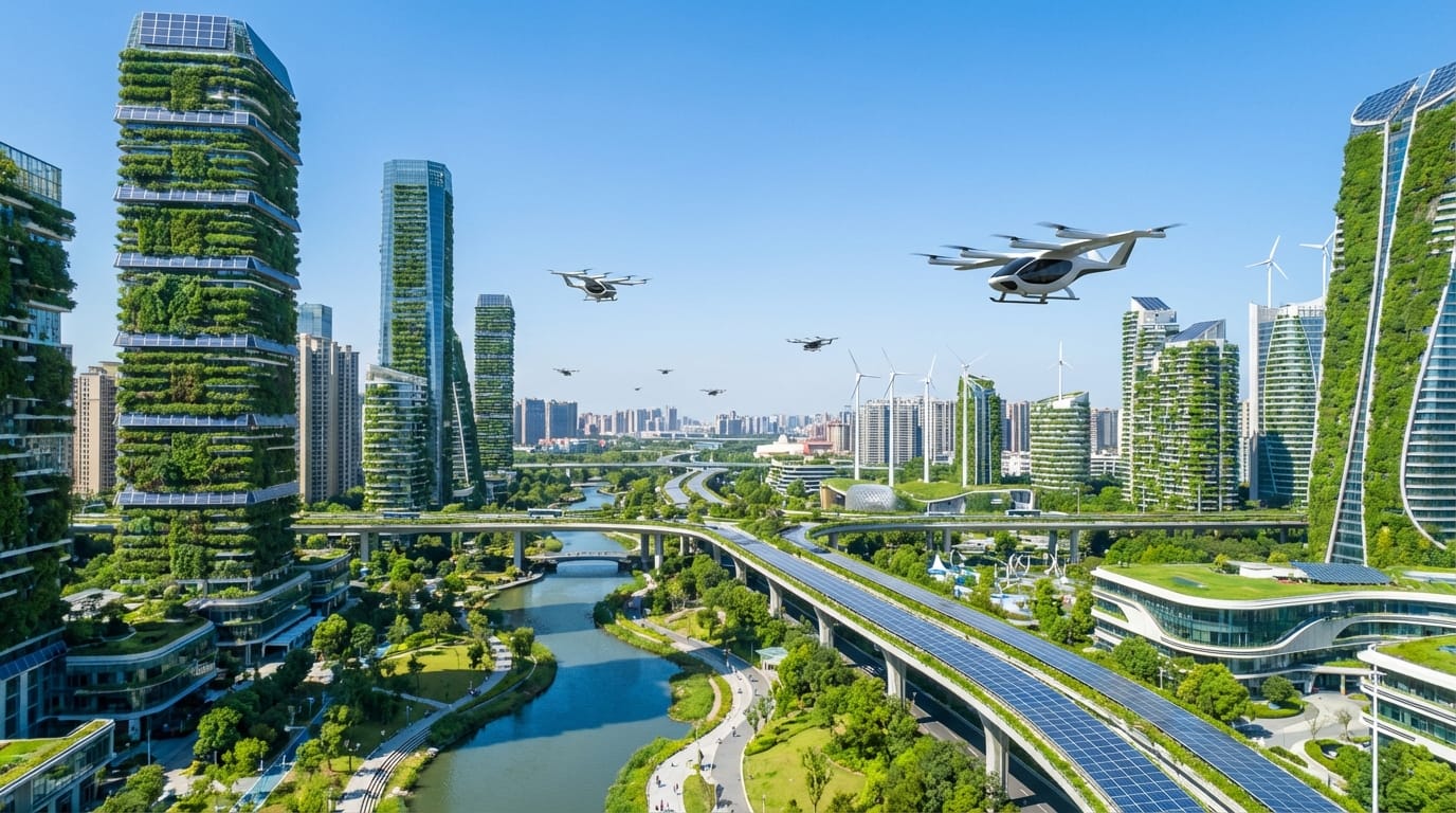 Drone view of a sustainable smart city with vertical gardens on skyscrapers, flying taxis in the distance, clear blue sky, photorealistic, 8k resolution