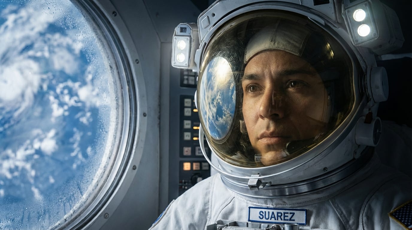 A close-up of an astronaut looking at Earth from a space station window, reflection in the visor, cinematic lighting