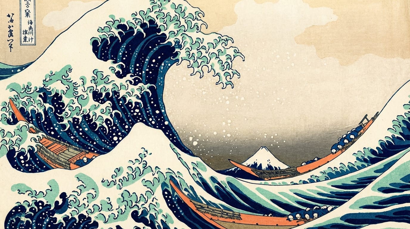 荒れ狂う海の大波、葛飾北斎の浮世絵スタイル、ダイナミックな波のしぶき、伝統的な日本画の色彩、動く絵画